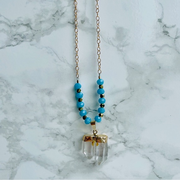 Crystal Pendant Teal and Gold necklace - Picture 4 of 7